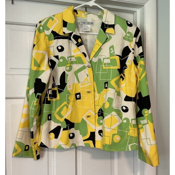 VINTAGE Nancy Bolen City Girl Silk Blazer Jacket Yellow Geometric Feminine Small - Picture 1 of 13
